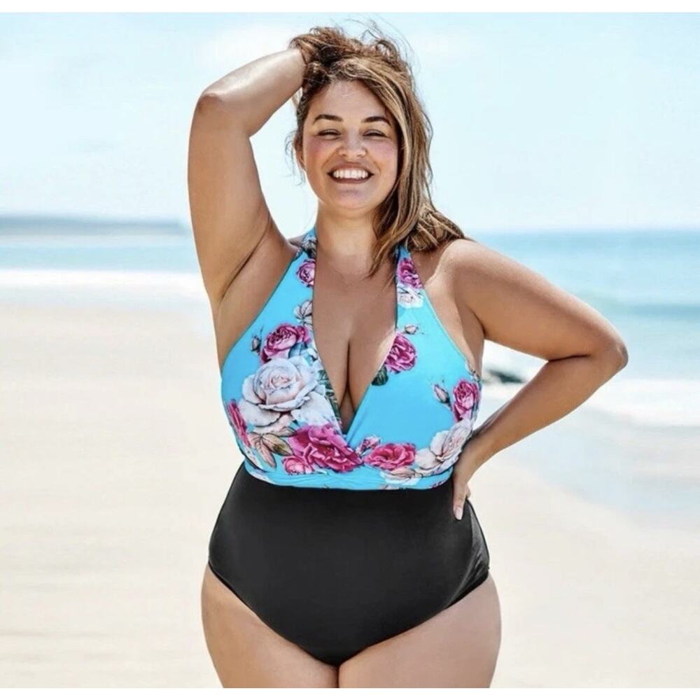 New NWT Cupshe Pink Blue Floral and Black Halter One Piece Swimsuit Women's L